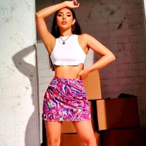 SHEIN MINI SKIRT WOMENS MULTI-COLOR TIE-DYE MESH HIGH RISE STRETCH SIZE 2 NEW